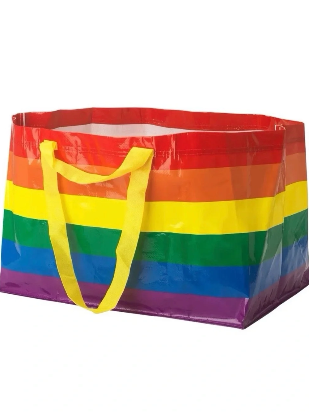 IKEA Rainbow Striped Storage Tote Bag with Yellow Handles